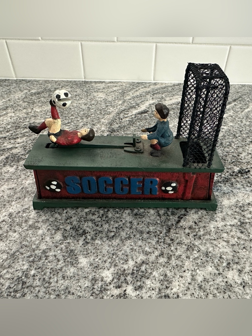 Vintage Soccer Themed Cast Iron Mechanical Coin Bank - Working